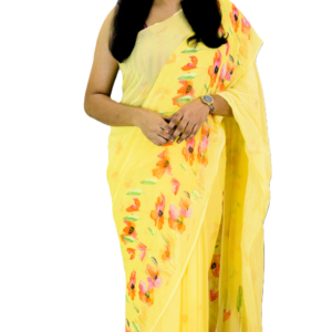 Vibrant yellow saree with Digital-painted floral designs, elegantly draped by a woman, radiating warmth and elegance