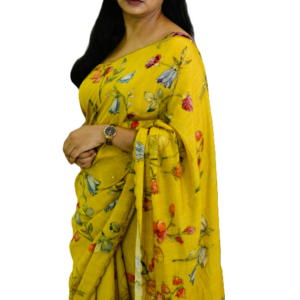 Mustard yellow saree with delicate hand-painted floral designs, elegantly draped by a woman, showcasing a perfect blend of tradition and contemporary fashion